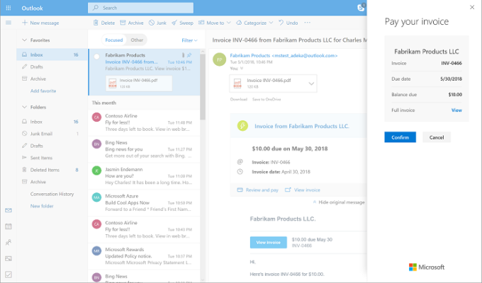 Microsoft Pay comes to Outlook, integrating Stripe, Braintree, Sage, Wave and more