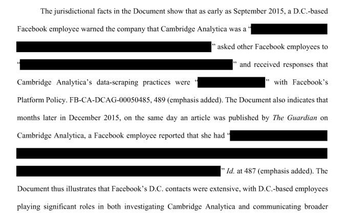 Facebook staff raised concerns about Cambridge Analytica in September 2015, per court filing